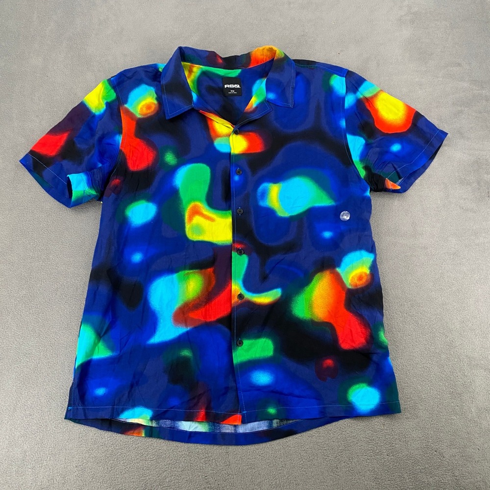 RSQ Mens Heat Map Graphic Print Rayon Short Sleeve Button Down Shirt Blue Large